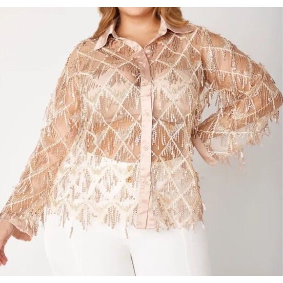 Ashley Stewart Sequin Fringe Blouse Womens Plus 18/20 Button Front Sheer Tan New - Picture 8 of 8